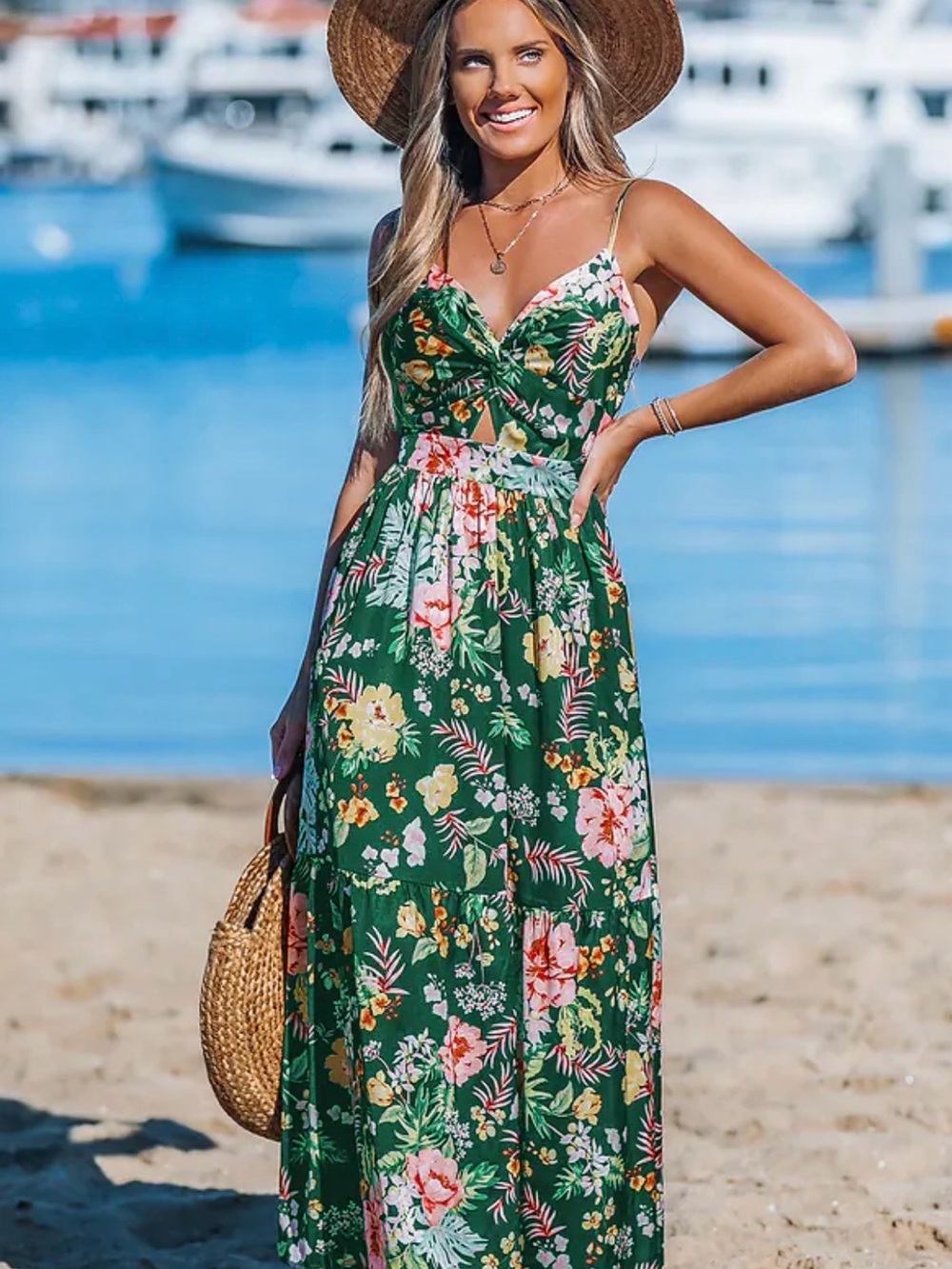 NEW! Cupshe Tropical Green Floral Maxi Dress with Spaghetti Straps size small